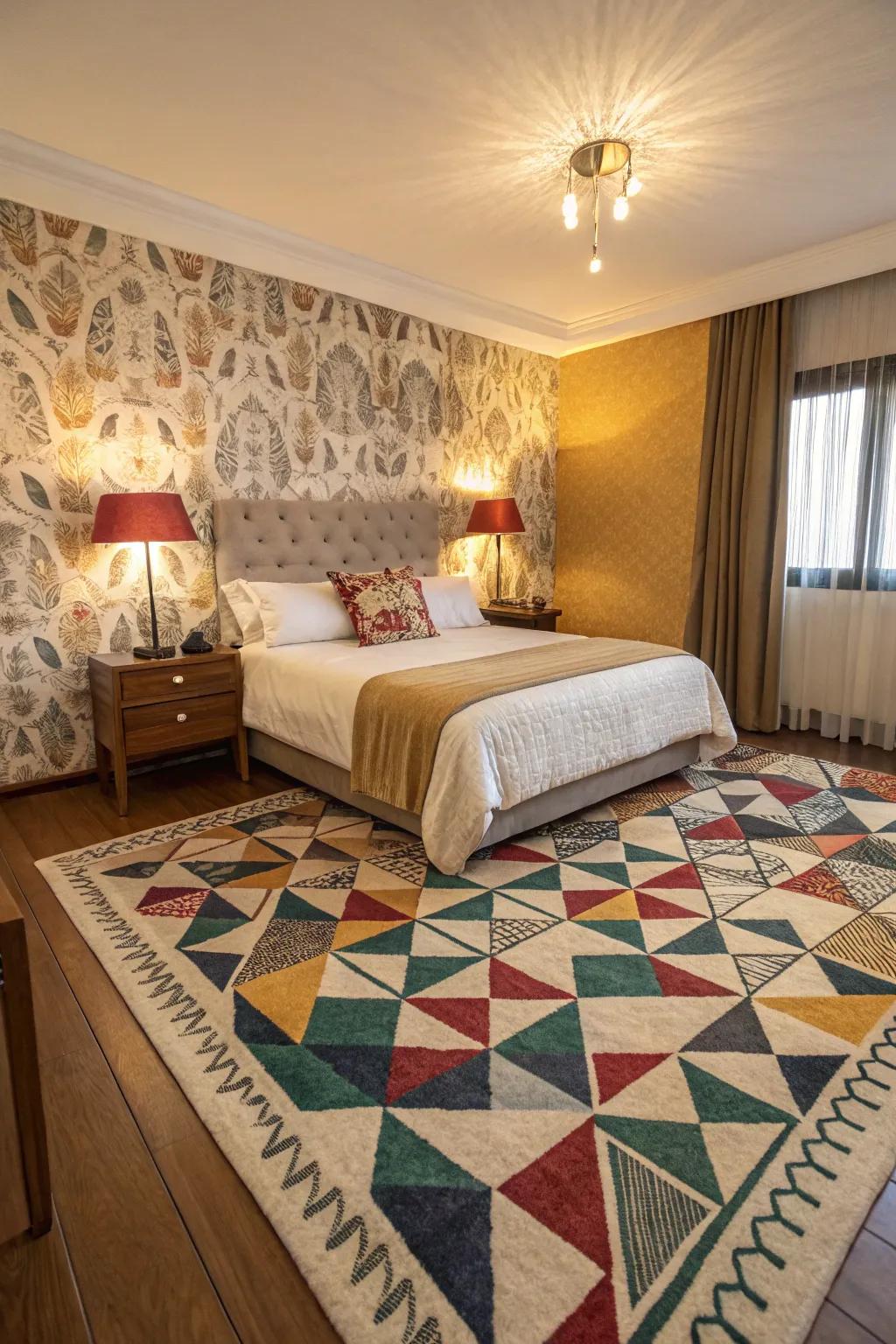 Geometric patterns instill the bedroom with contemporary energy and style.