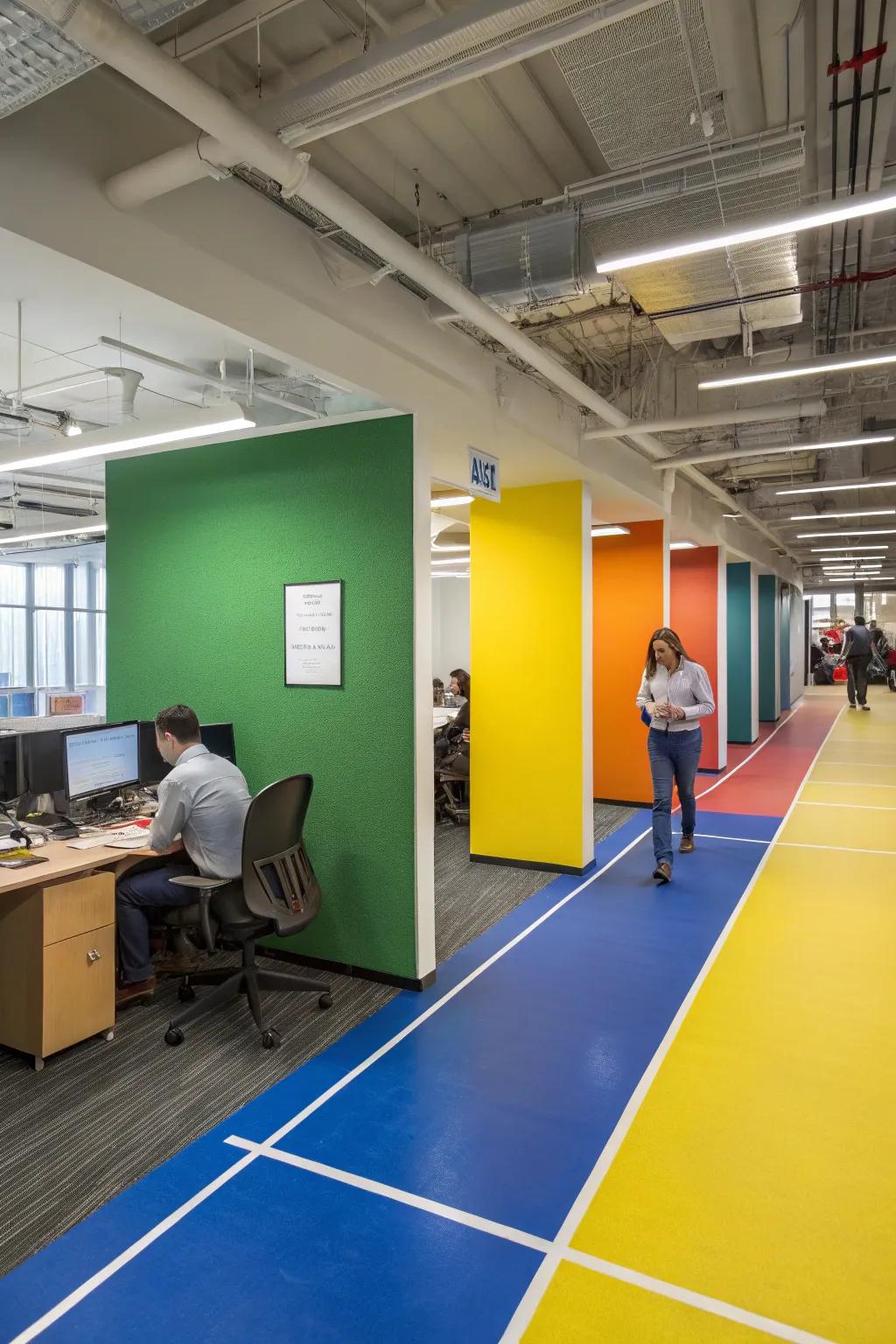 Office space with chromatic division defining different areas.