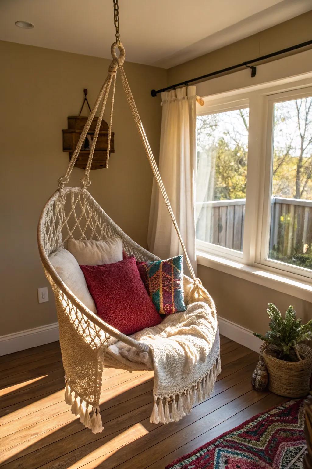 A hammock seat adds a playful and relaxing vibe to the corner.