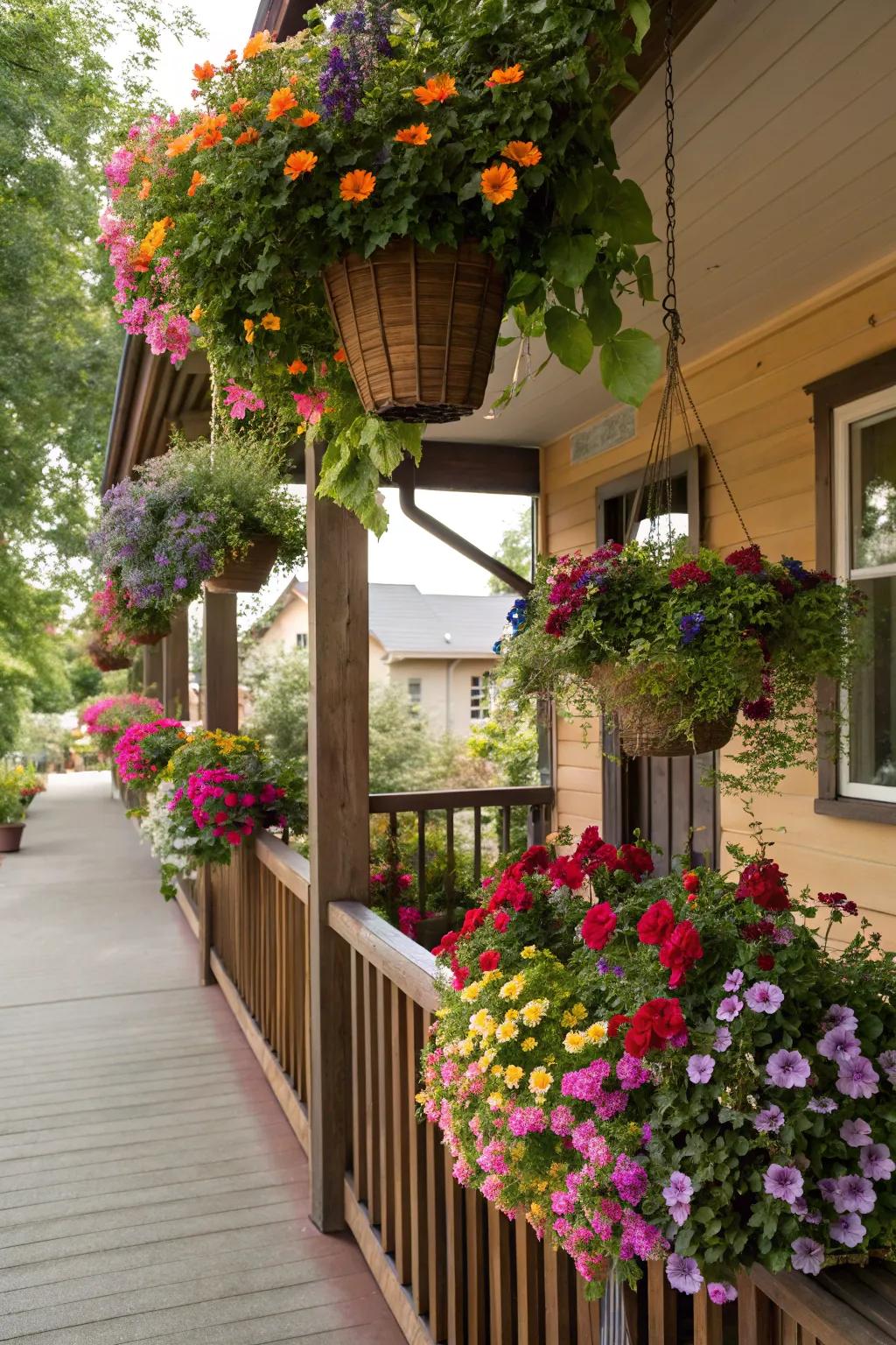 Hanging baskets add lush vertical interest to your porch.
