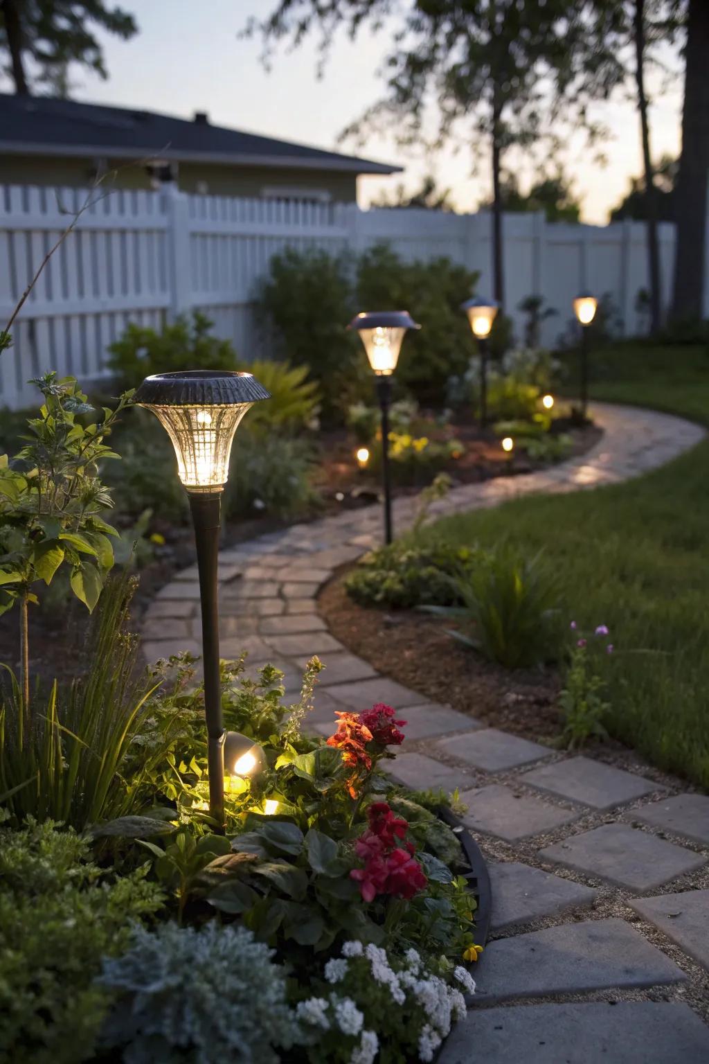 Solar-powered garden lights illuminate the patio plants.