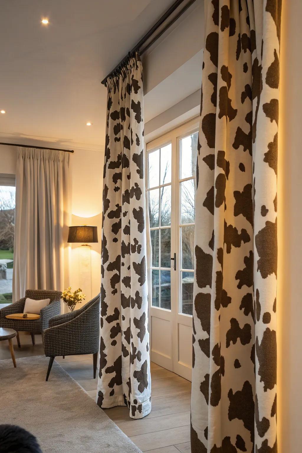 Cow print curtains make a bold and graphic statement in any room.