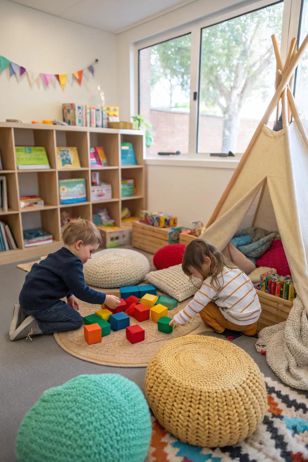 A sensory play area invites mindful exploration and play.