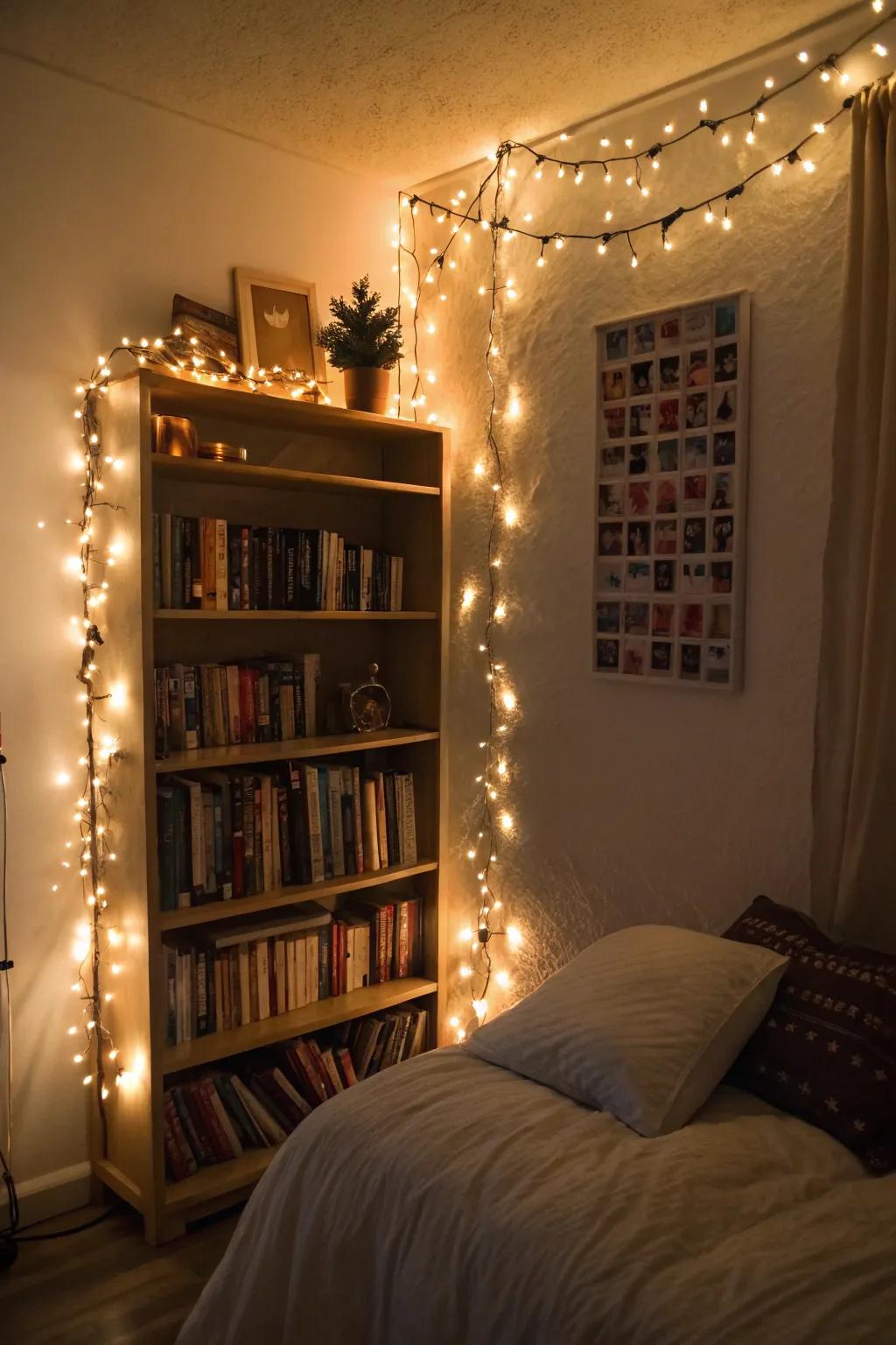 A bookshelf accented with fairy lights.