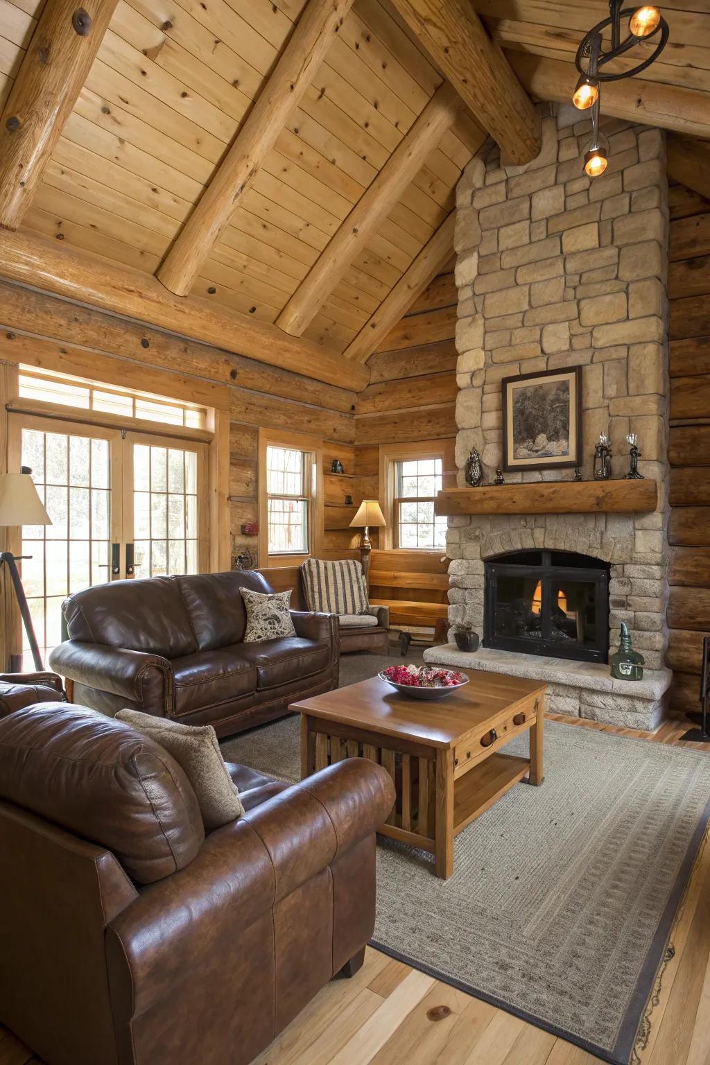 Leather furniture adds sophistication and comfort to the log cabin, creating a refined yet inviting atmosphere.