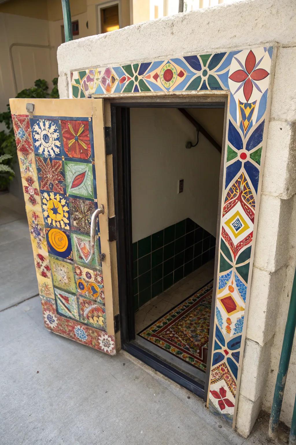 A mosaic design turns a basement entryway into an artistic statement.