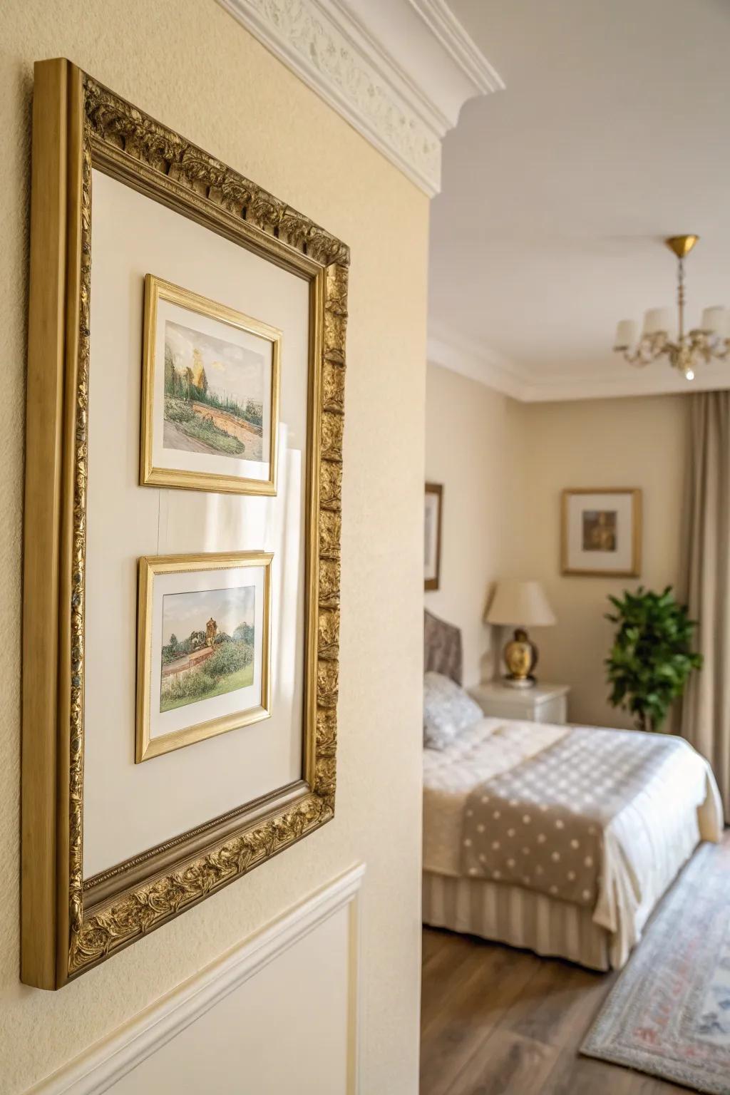 Art featuring gilt borders enriches character and matches the ivory backdrop.
