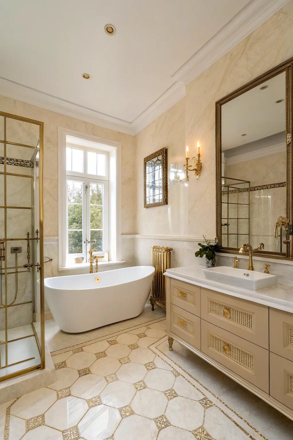 Brass fixtures add a vintage touch to this creamy bathroom.