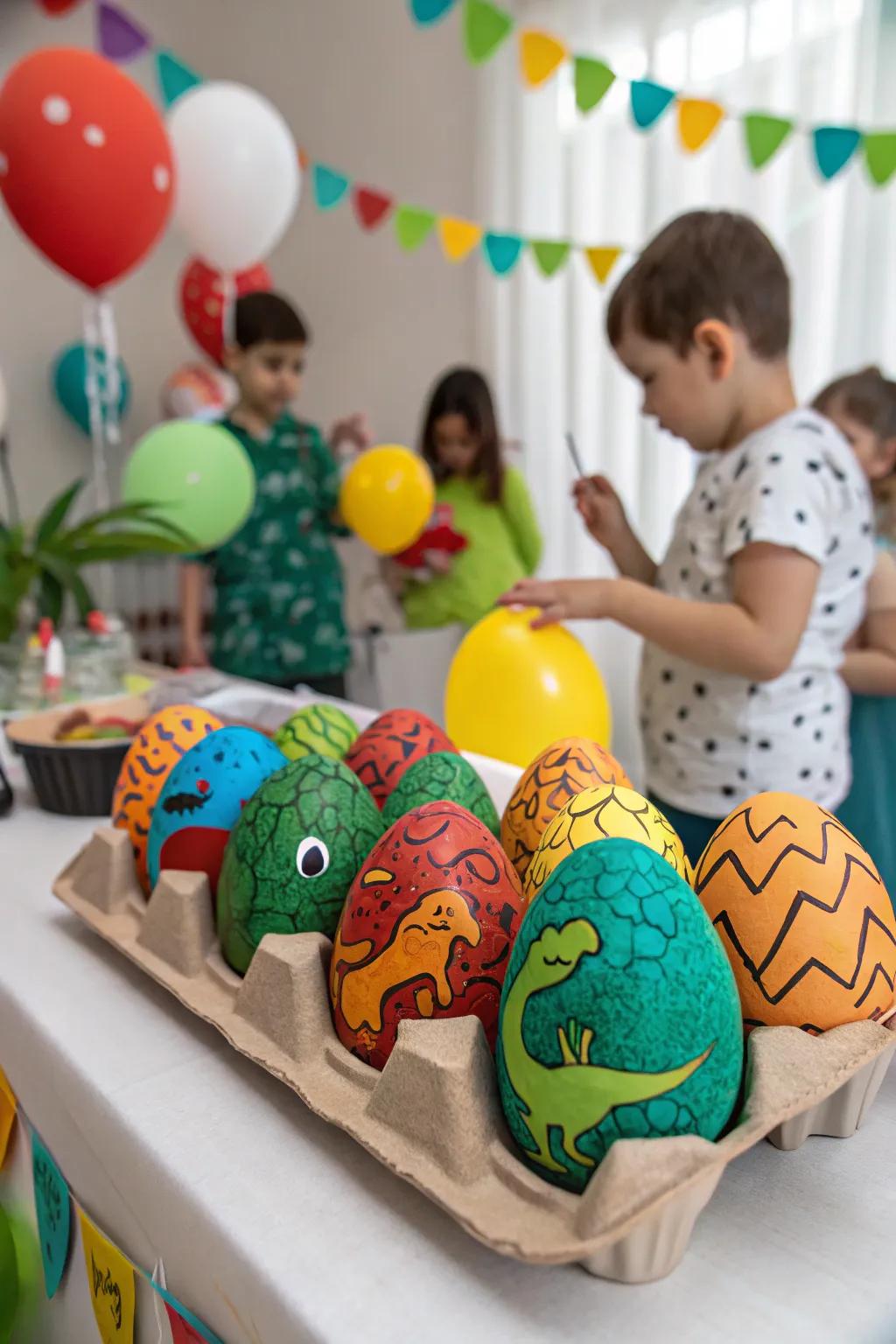 Dinosaur-themed eggs bringing prehistoric fun to the party.