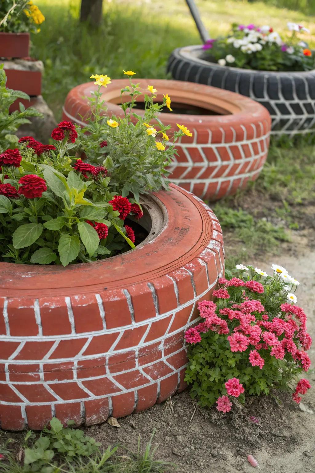 Artistic brick-patterned tire planters in a garden setting.