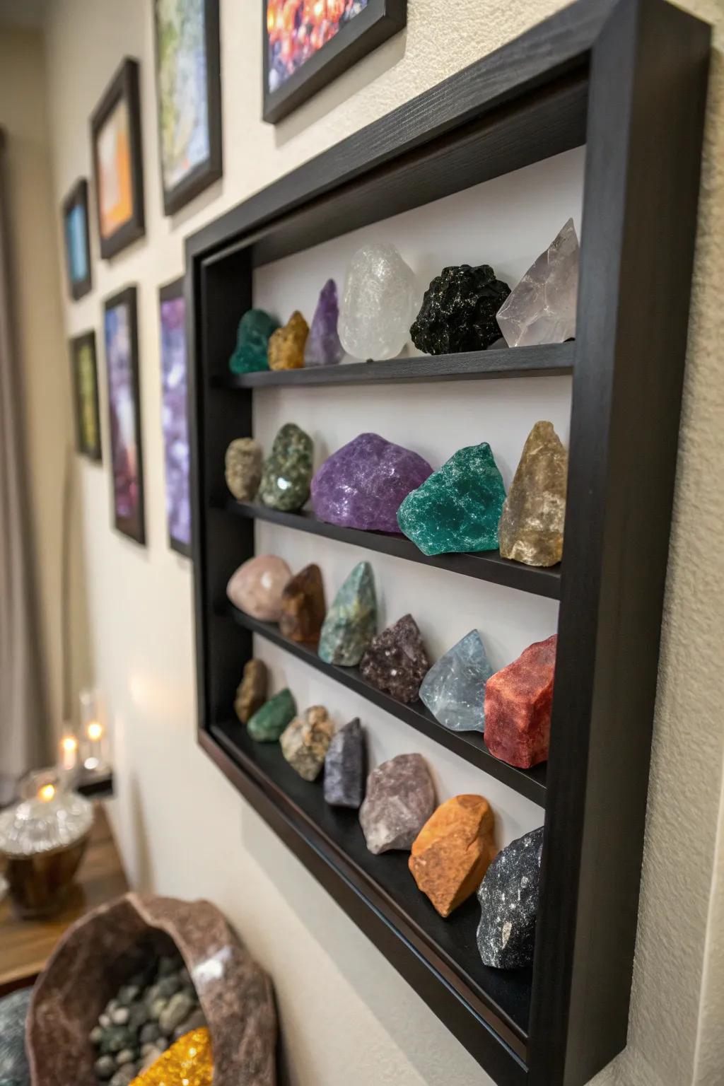 Crystals find new life as unique shadow box wall art.