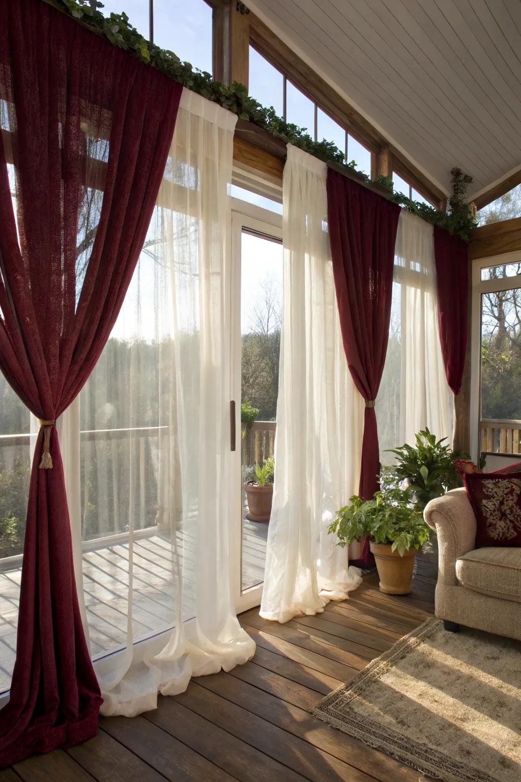 Layered textures in curtains make your sunroom feel rich and inviting.