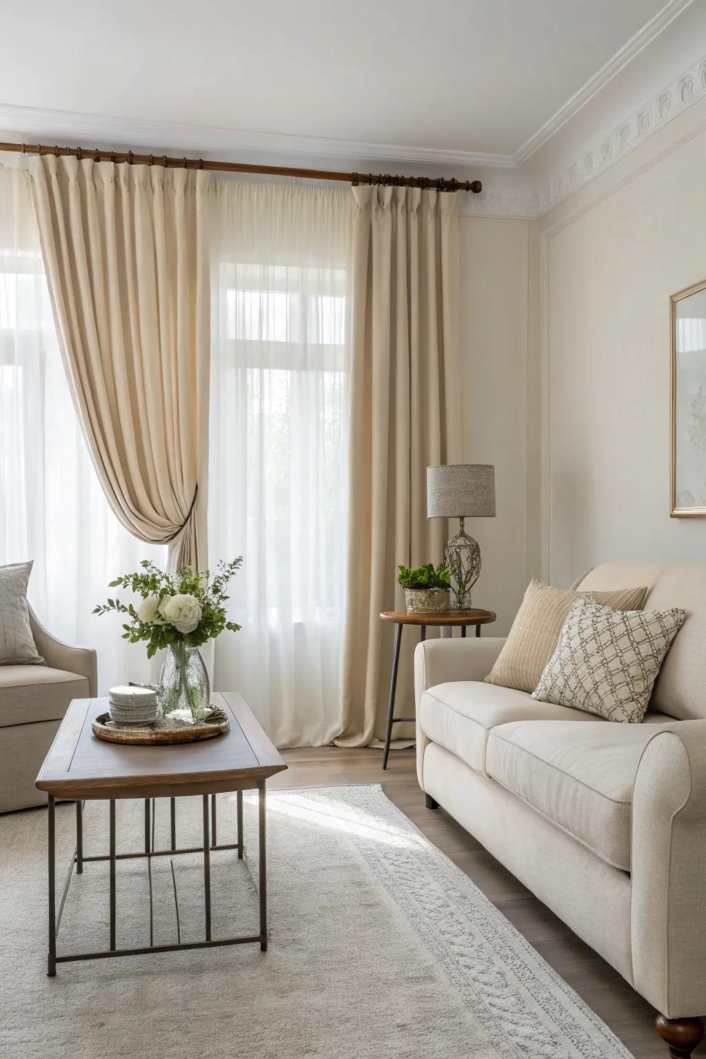 Realize chic simplicity with neutral-toned valances in your living area.