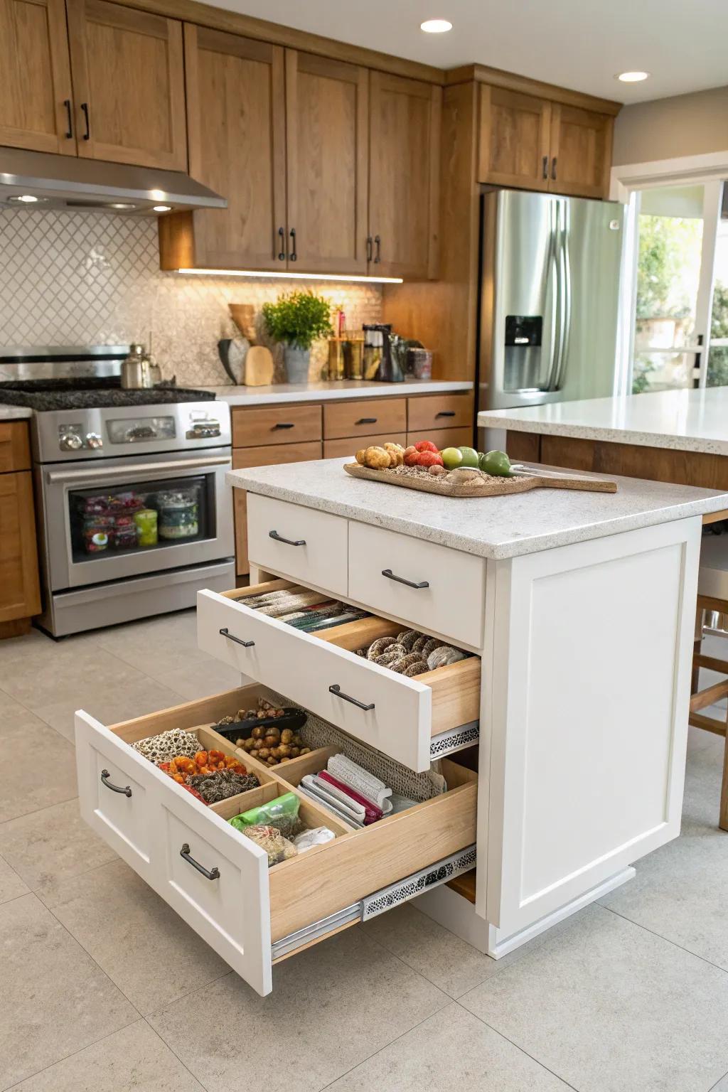 A rolling island offers flexible and additional counter space.