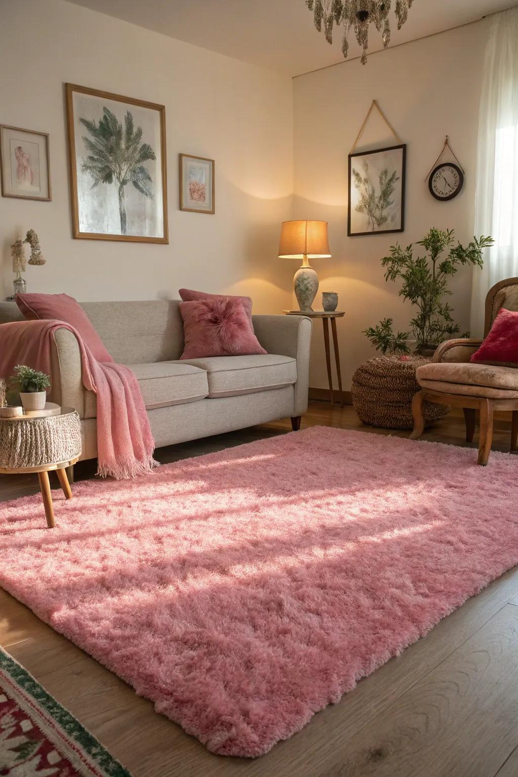 A rose ground covering anchors the room and adds comfort.
