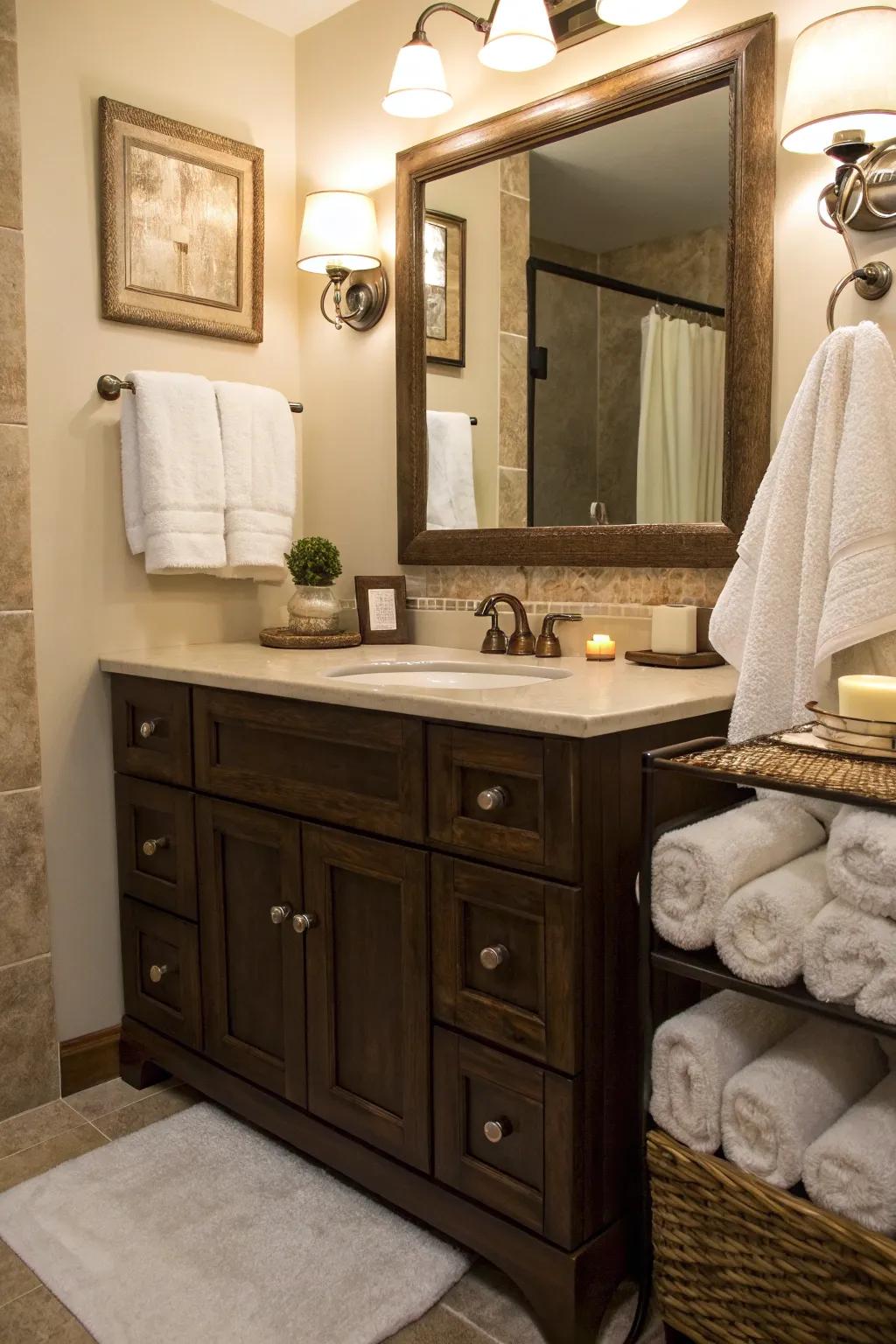 Soft linens add cozy textures to a bathroom with a dark brown vanity.
