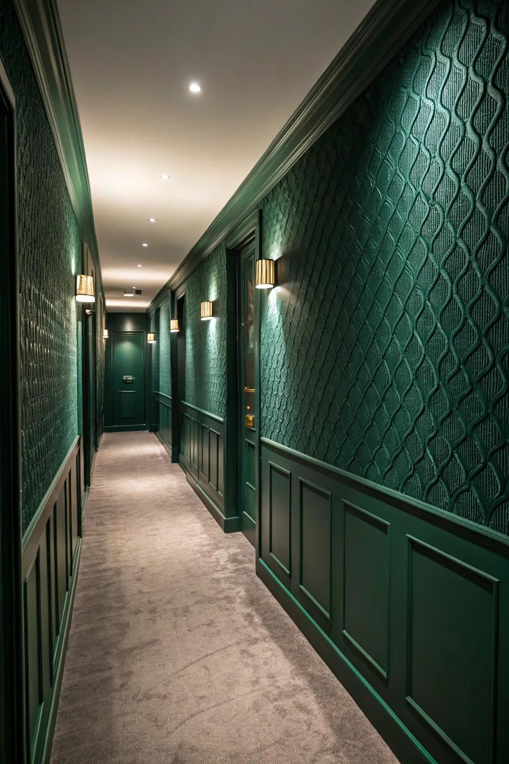 Textured walls append interest to the forest green hallway.