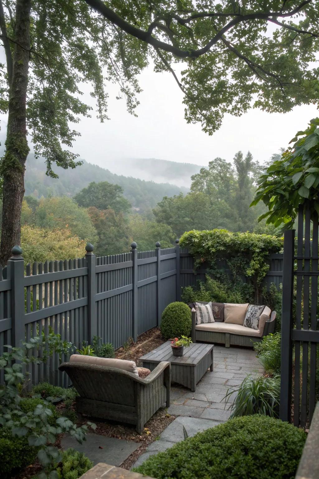 A secluded garden sanctuary with a charcoal-toned enclosure and lush foliage.
