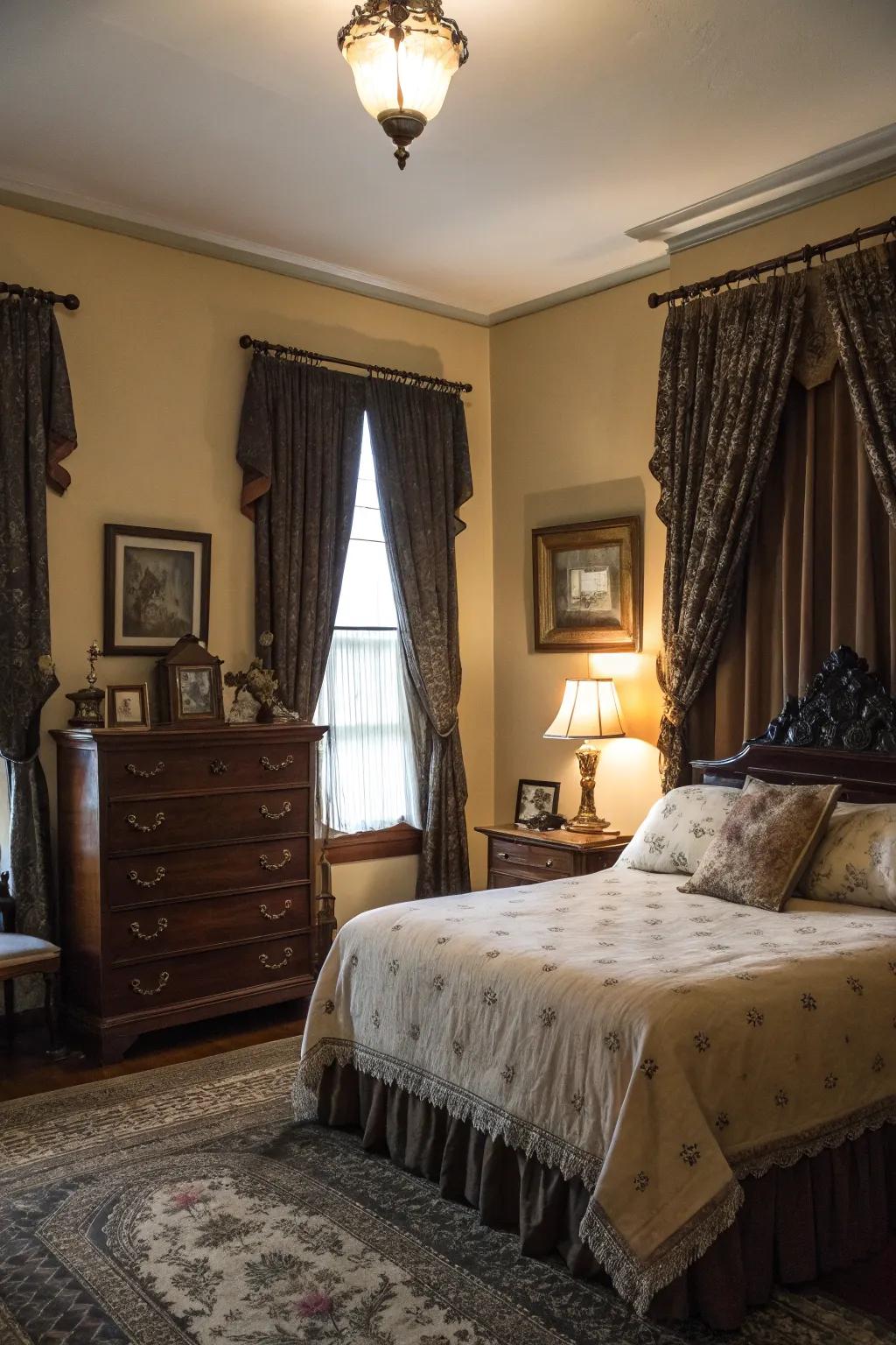 Heavy drapes add coziness and privacy to a shadowy, old-fashioned bedroom.