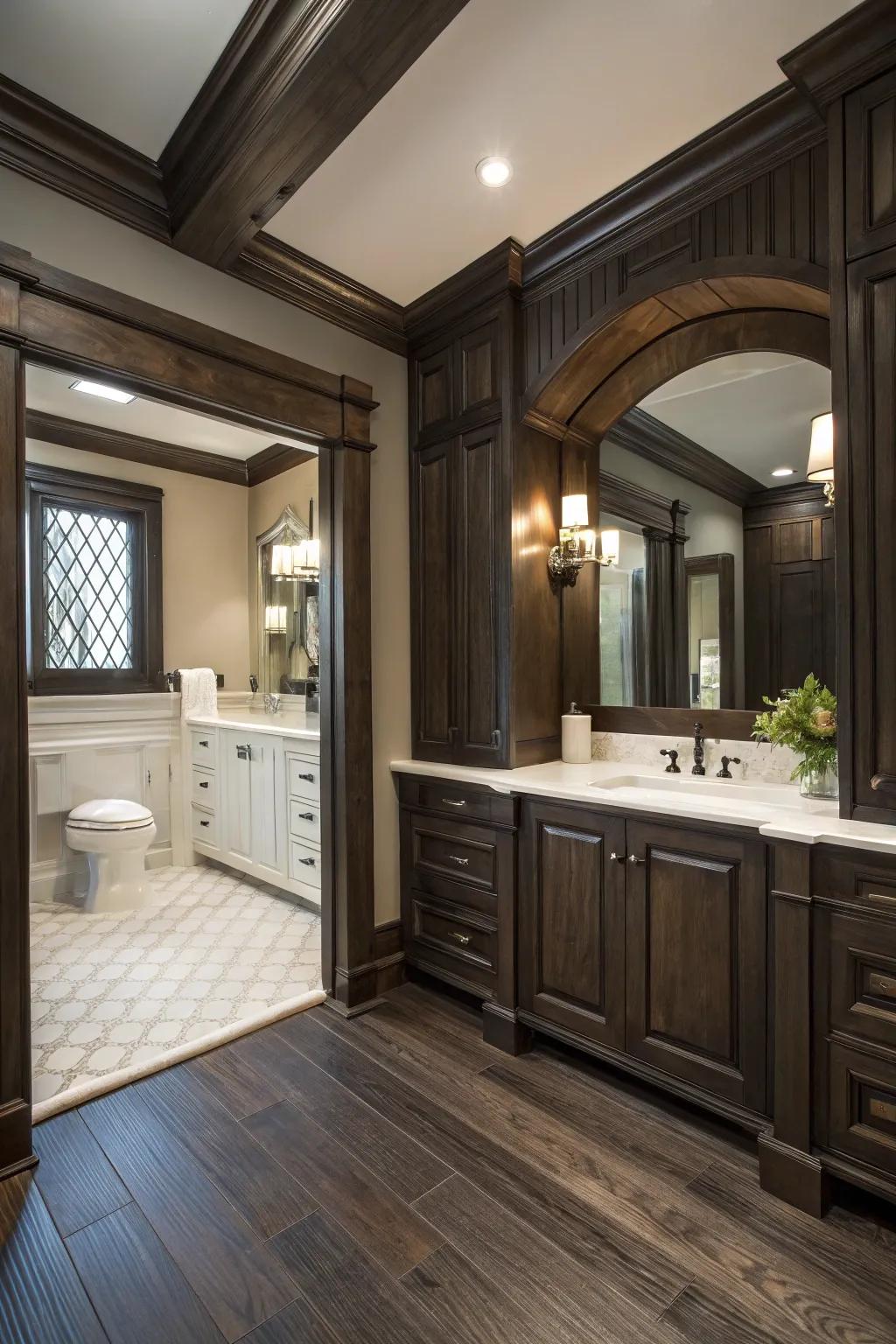 Mahogany highlights the structural refinement of this bathroom.