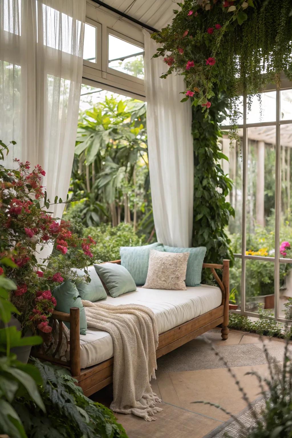 Greenery introduces a refreshing element to the daybed zone.