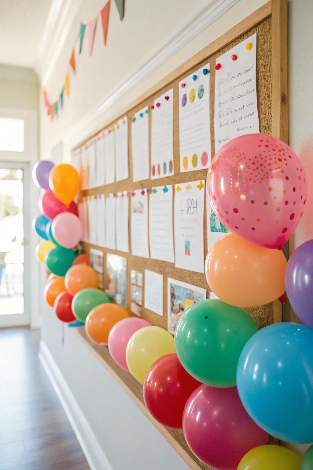 Balloon Bonanza bulletin board adorned with merry balloon ornaments.