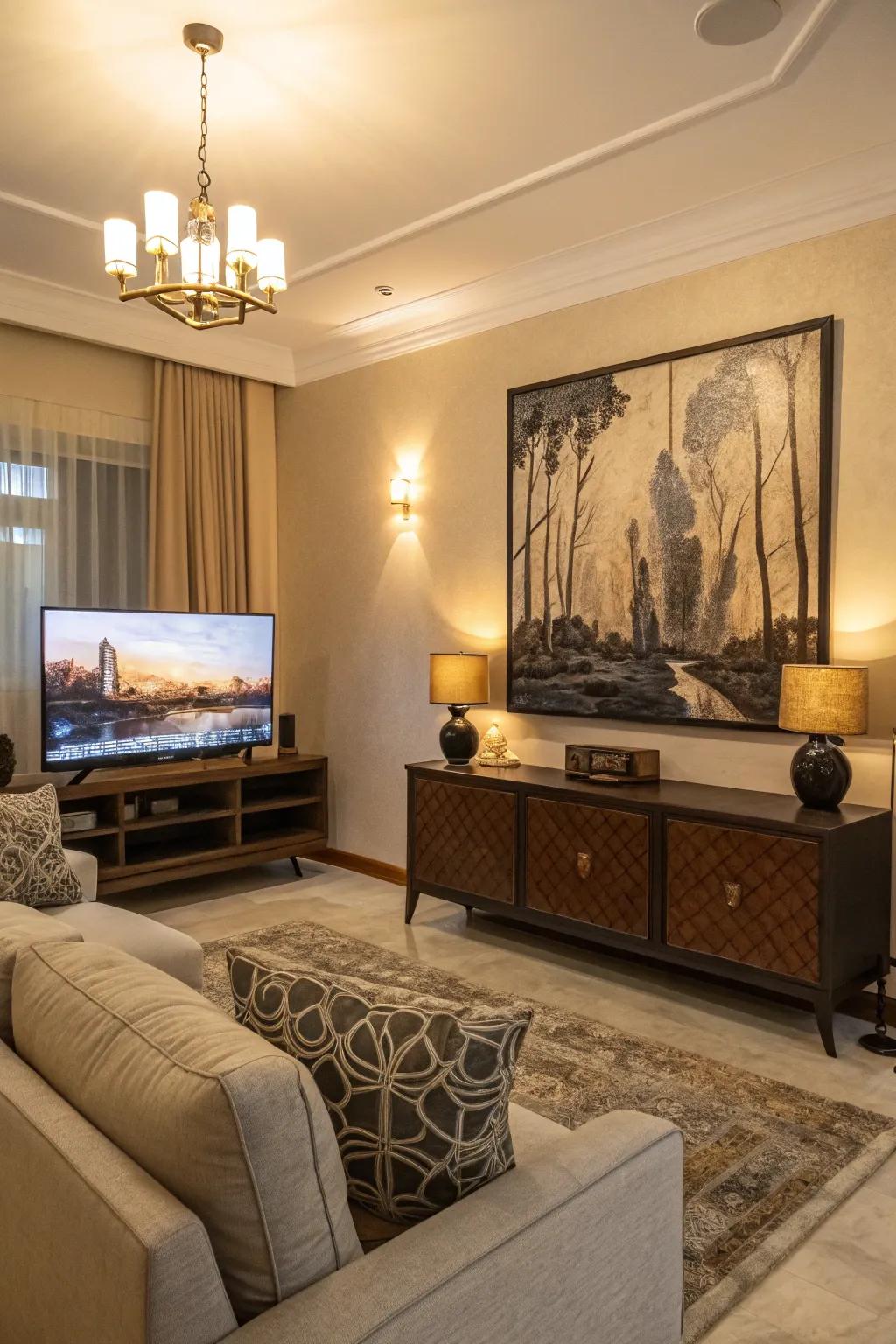 Exaggerated art fashions a dramatic and cohesive setting for the TV.