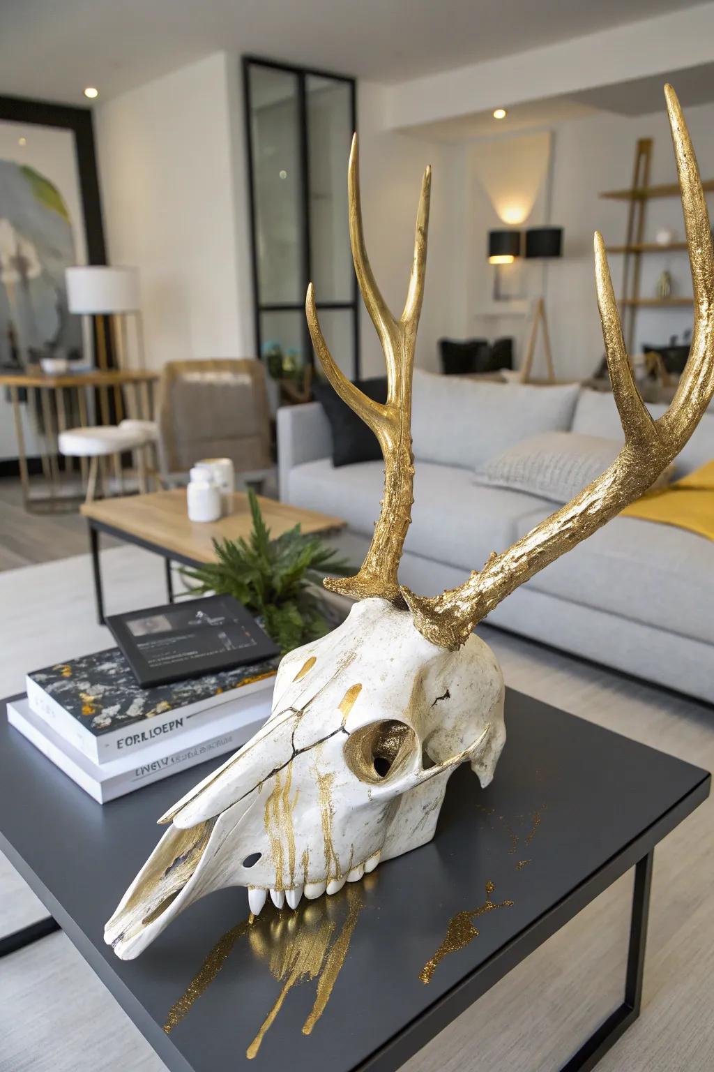 An artistic coating drip transforms a deer skull into a contemporary art statement.