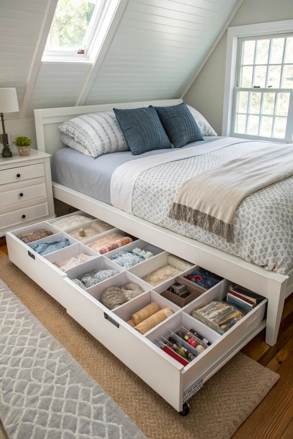 Under-bed storage is a clever way to keep the diagonal bed area organized.