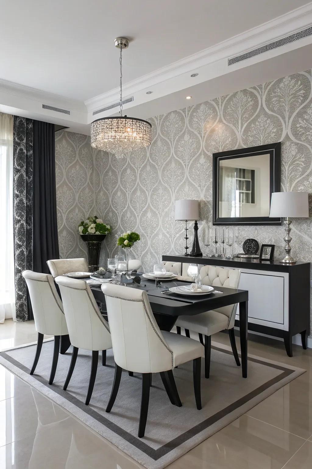 Monochrome wallpaper bestows sleek sophistication upon this minimalist dining room.