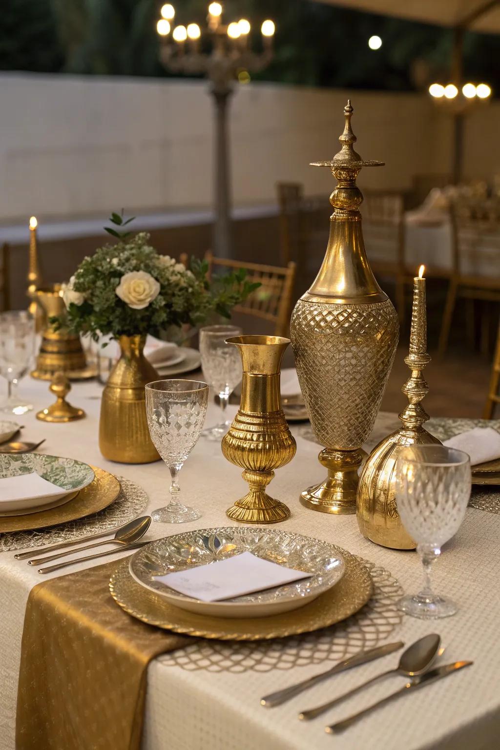Metallic accents like gold vases introduce a touch of opulence.