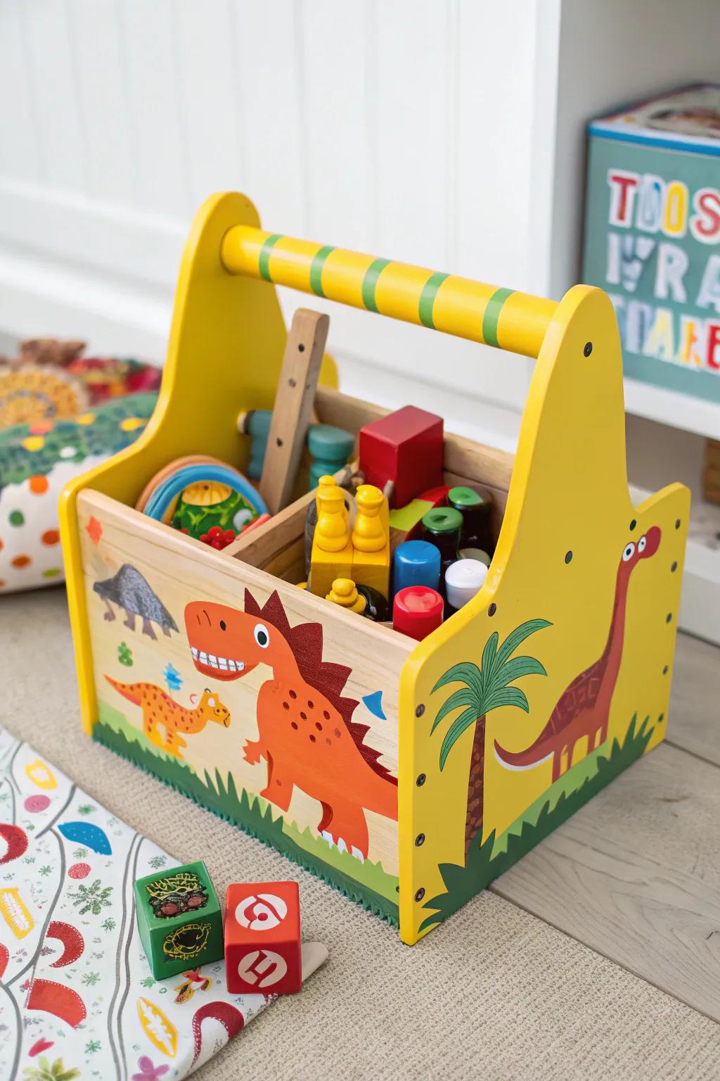 A reptile-themed toy caddy prepared for play sessions.