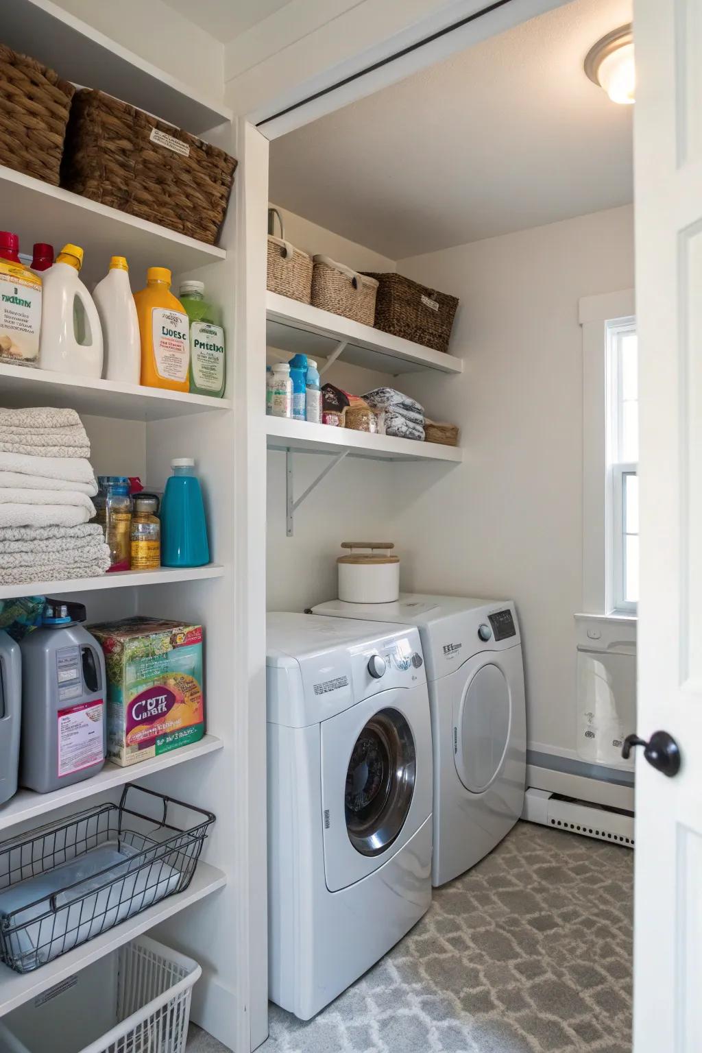 Corner shelves effectively make use of area in any laundry zone.