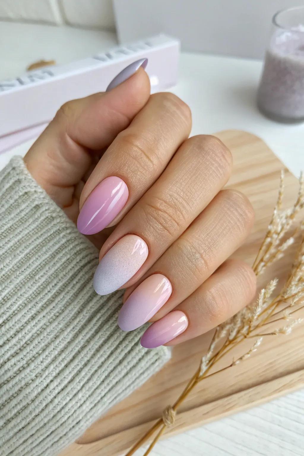Elevate your nail presentation with a subtle color cascade effect: effortlessly chic and beautifully minimalist.