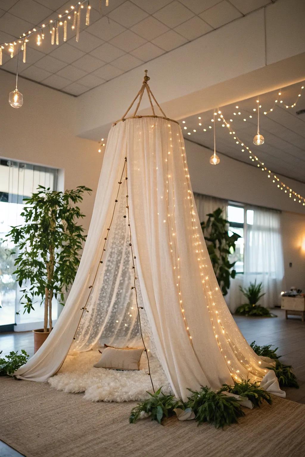Step into a storybook with this enchanting DIY hanging tent adorned with small lights.