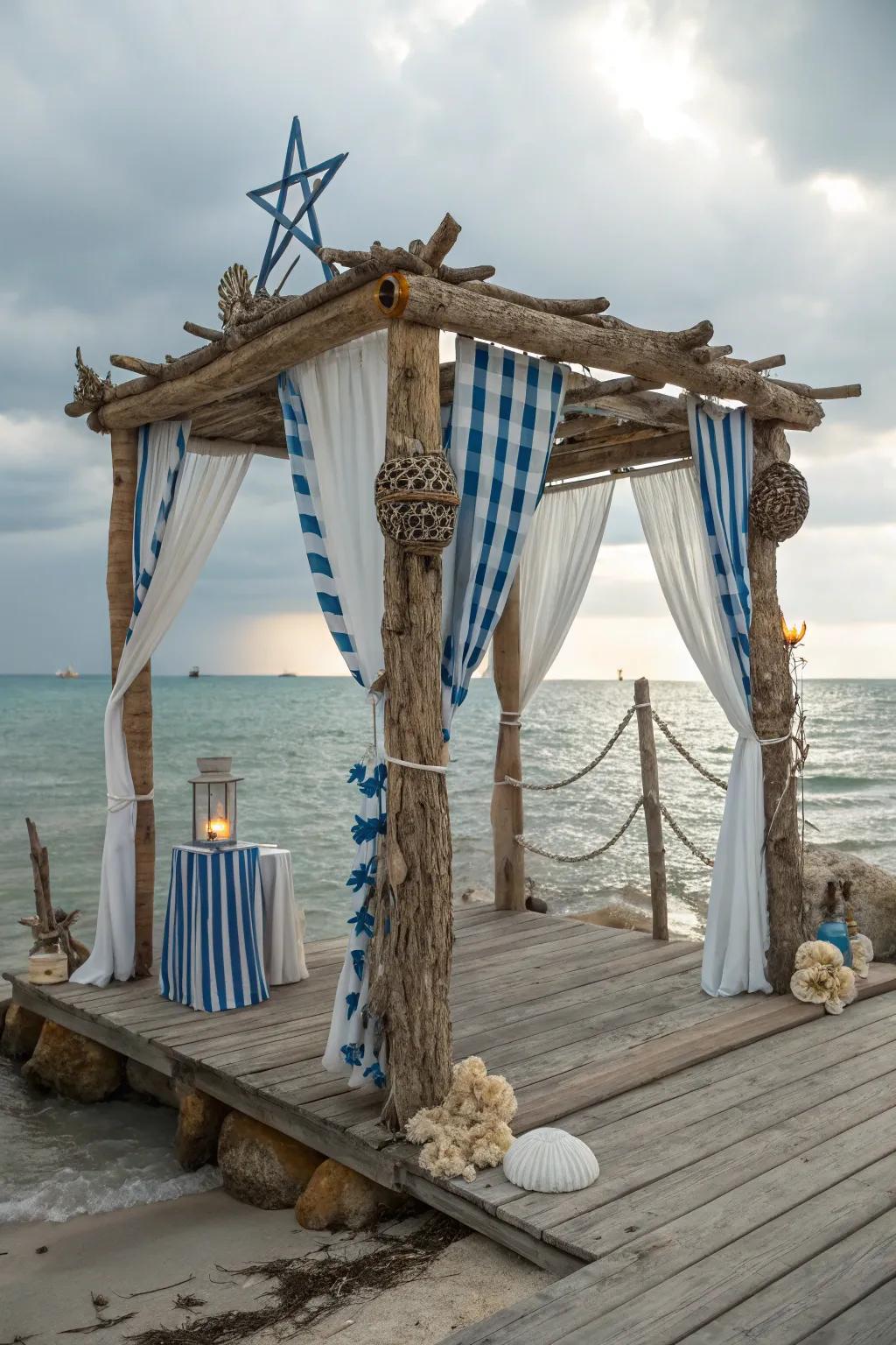 Indulge in a seaside getaway flaunting nautical elements in your dock gazebo.