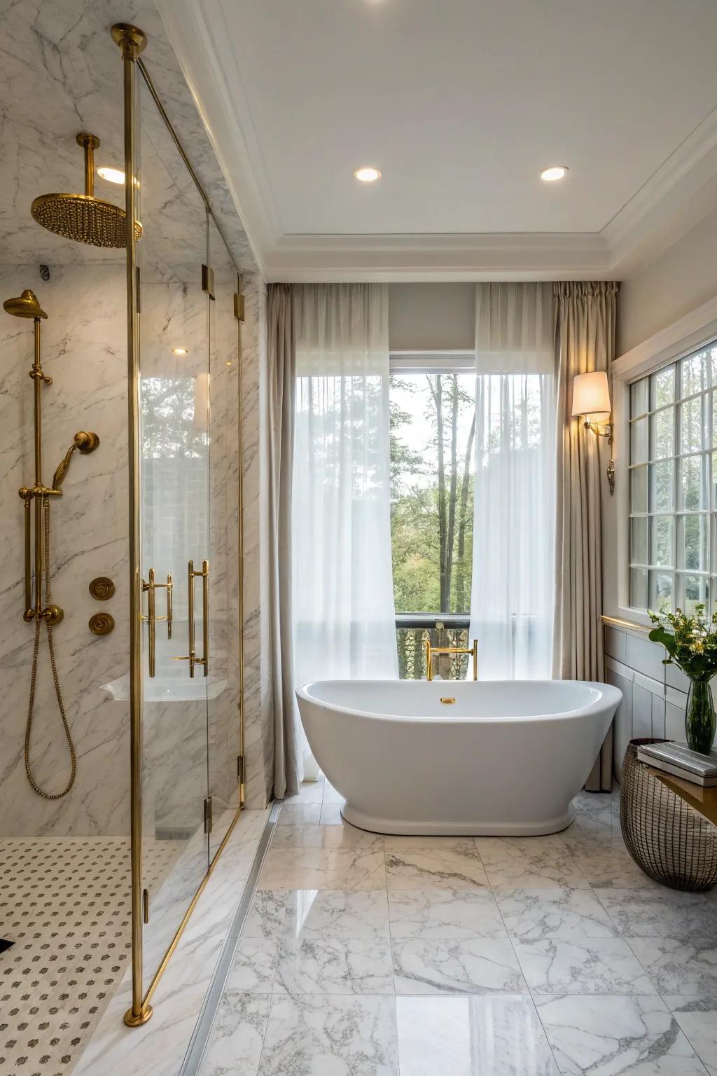 Join luxury and usefulness, pairing a separate tub with a dual shower.