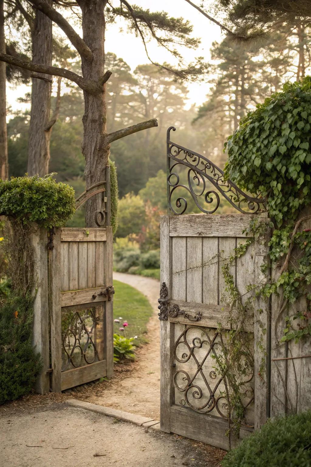 Wrought iron details injecting romantic elegance into a timber gate.