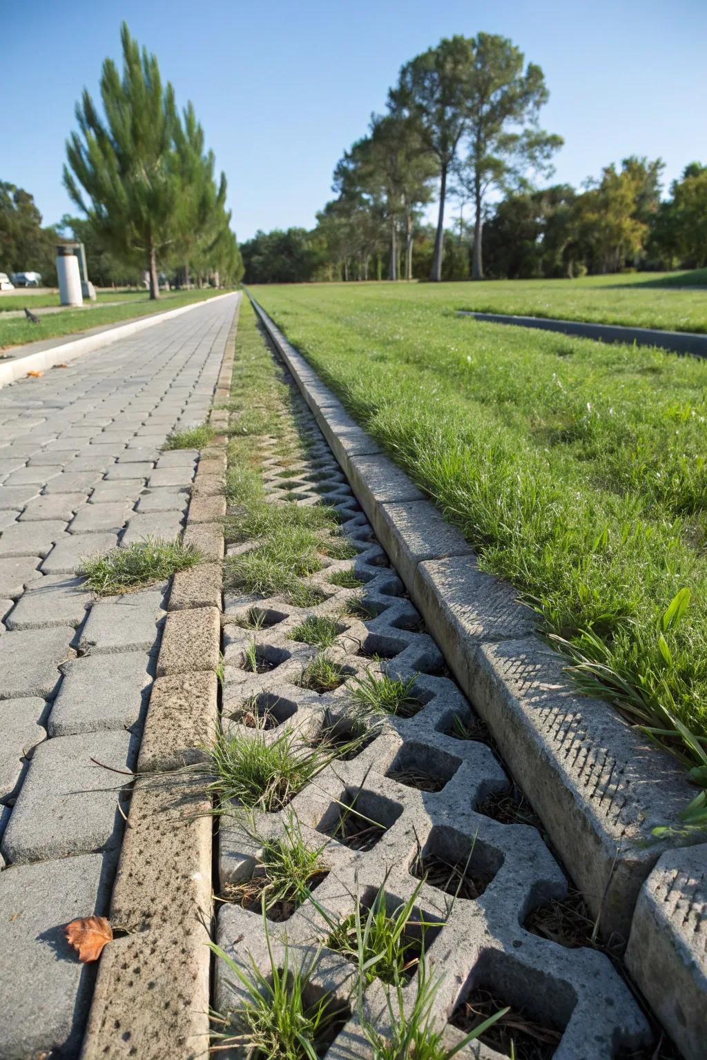 Turfstone pavers provide both stability and permeability in a swale’s design.