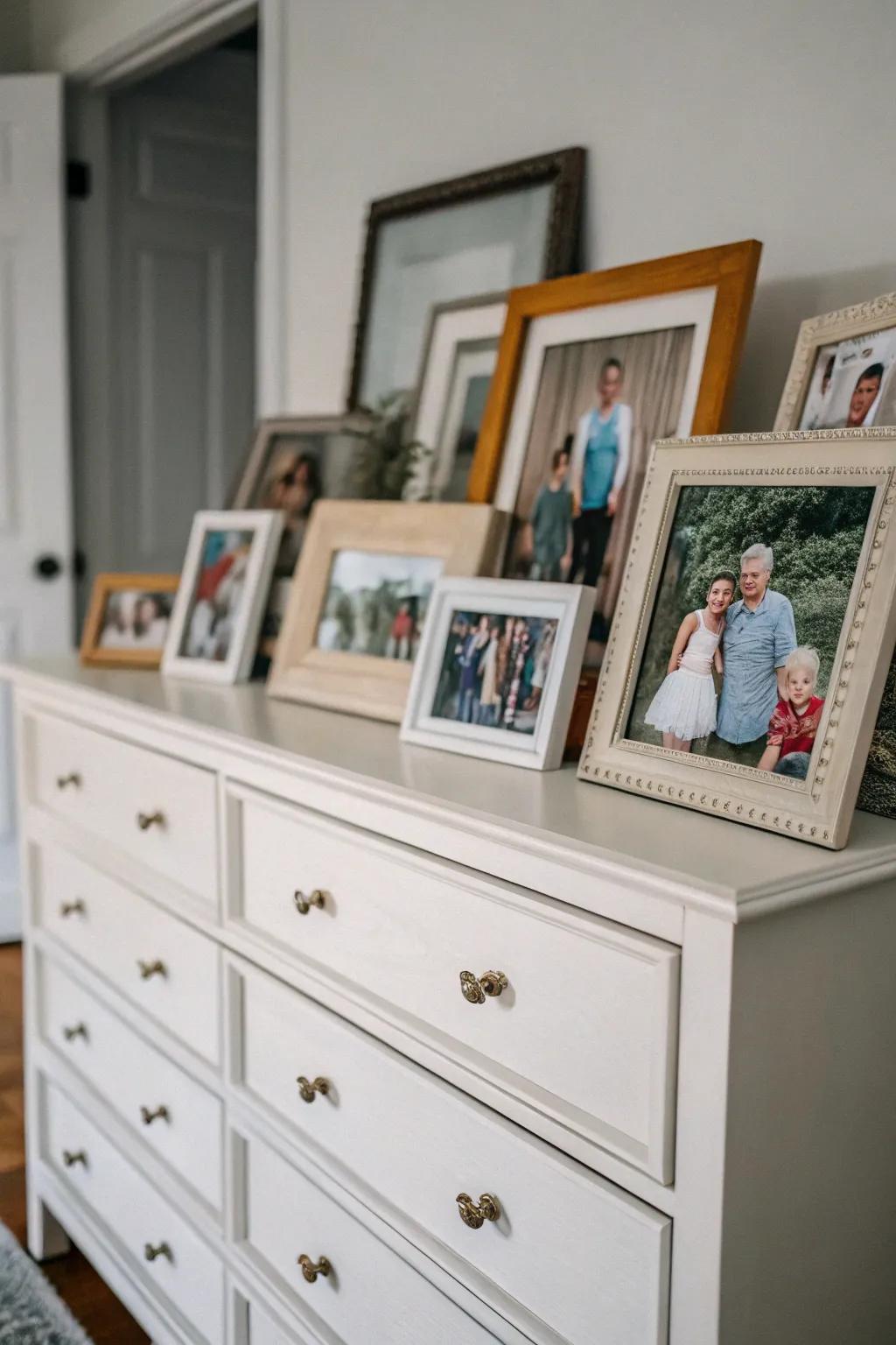 Framed images forge a personal exhibit atop your dresser.
