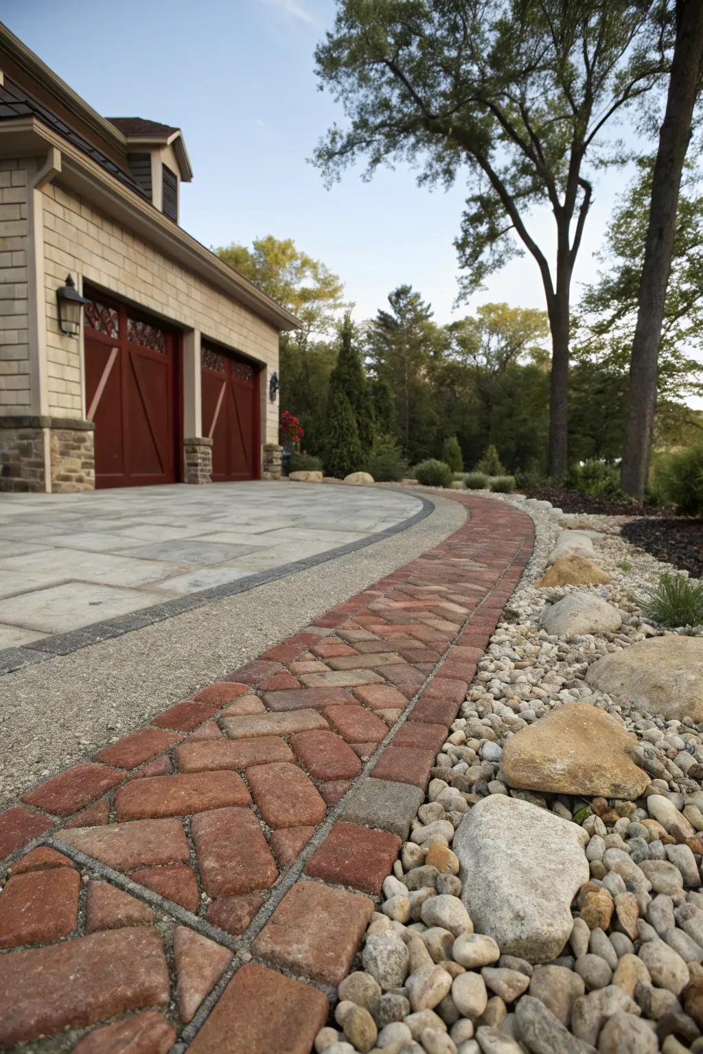 Mixing materials contributes texture and dimension to driveway designs.