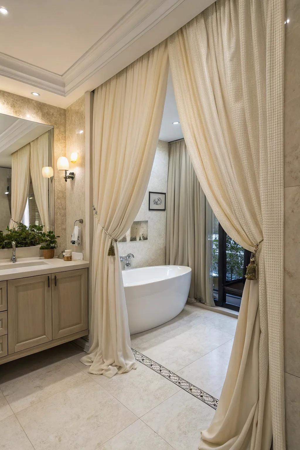 Elegant cloths enhance the softness and luxury of this bathroom.