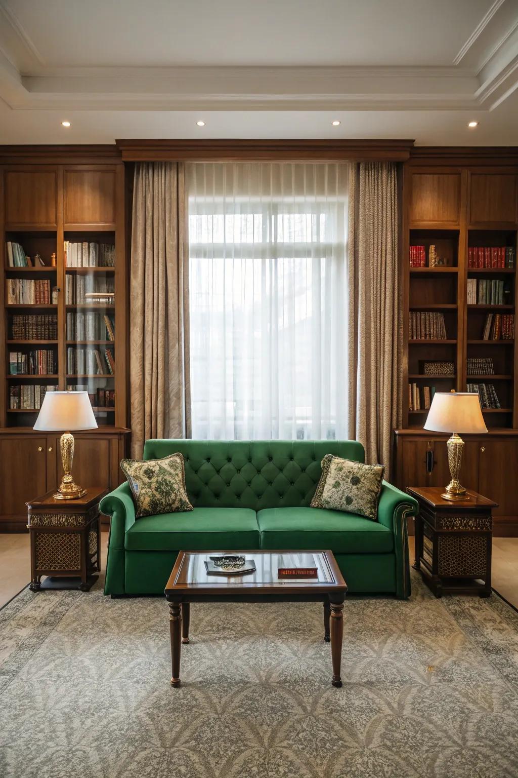 Balance is produced by symmetry around the emerald sofa.