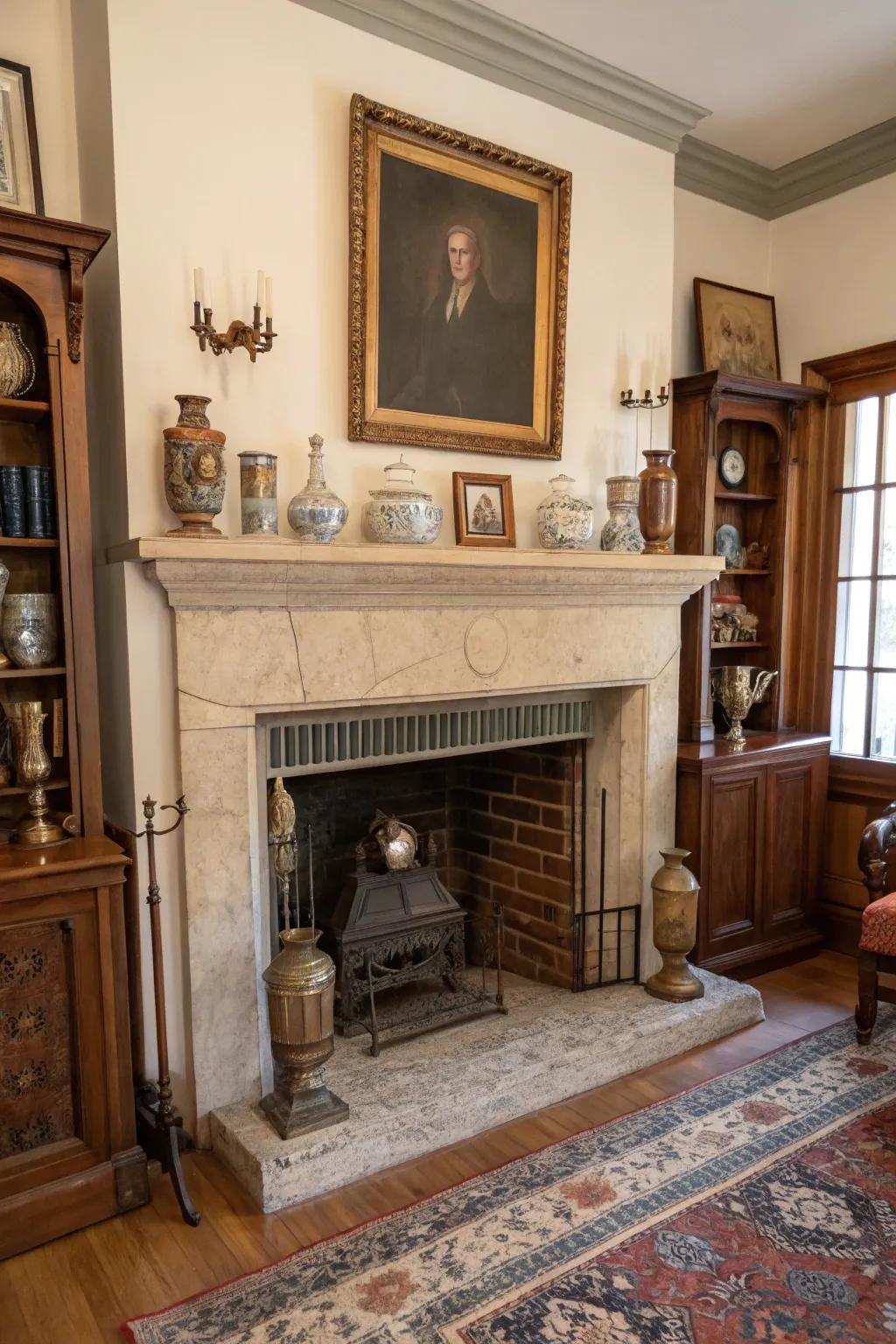 Incorporate vintage appeal using antiques in your fireplace.