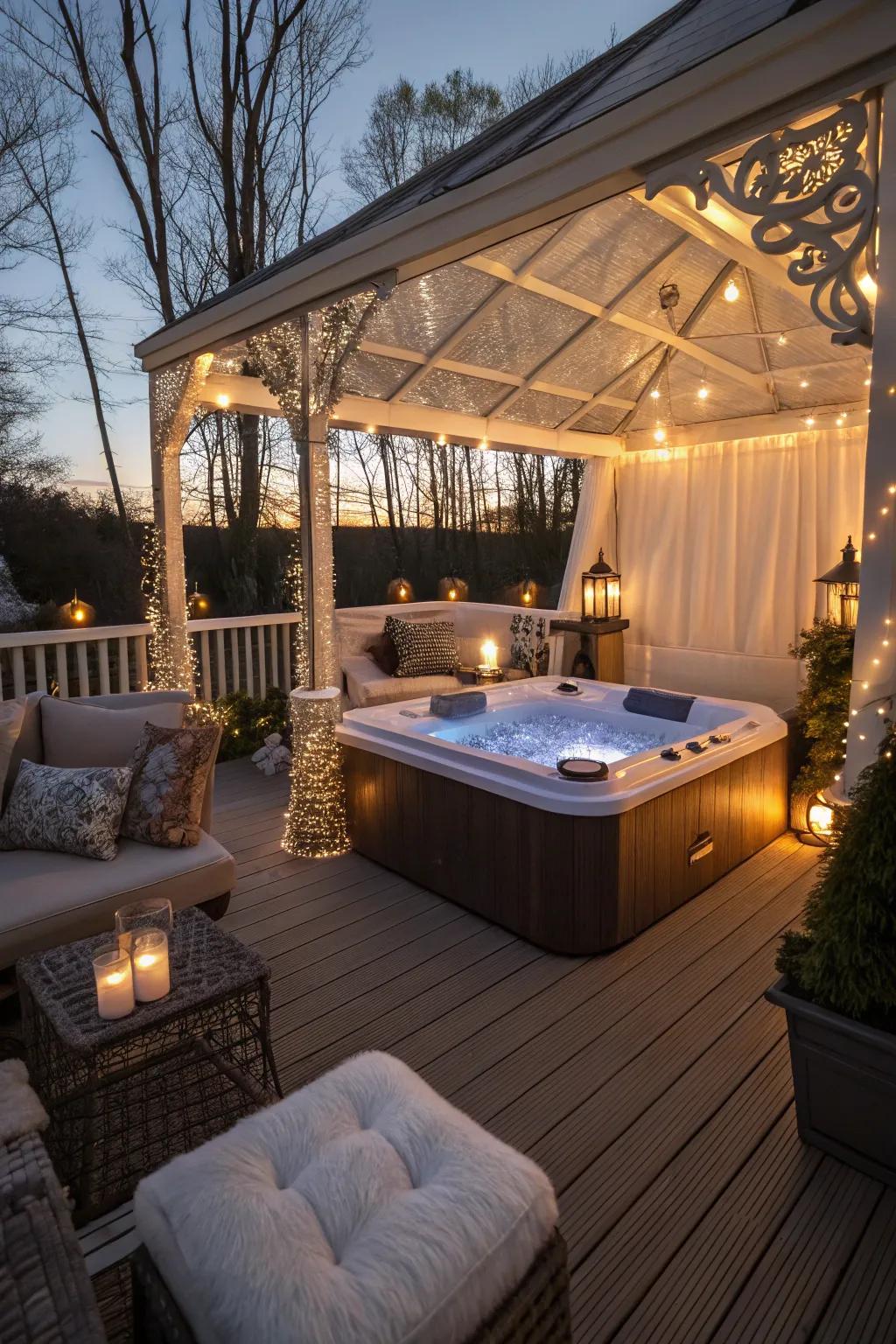 A luxurious spa tub on an enclosed deck.