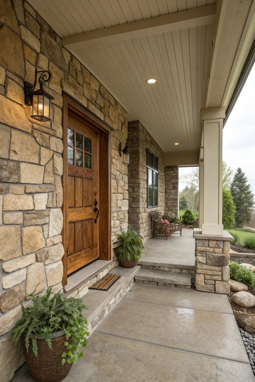 A subtle rock showcase wall that elevates the porch's aesthetic charm.