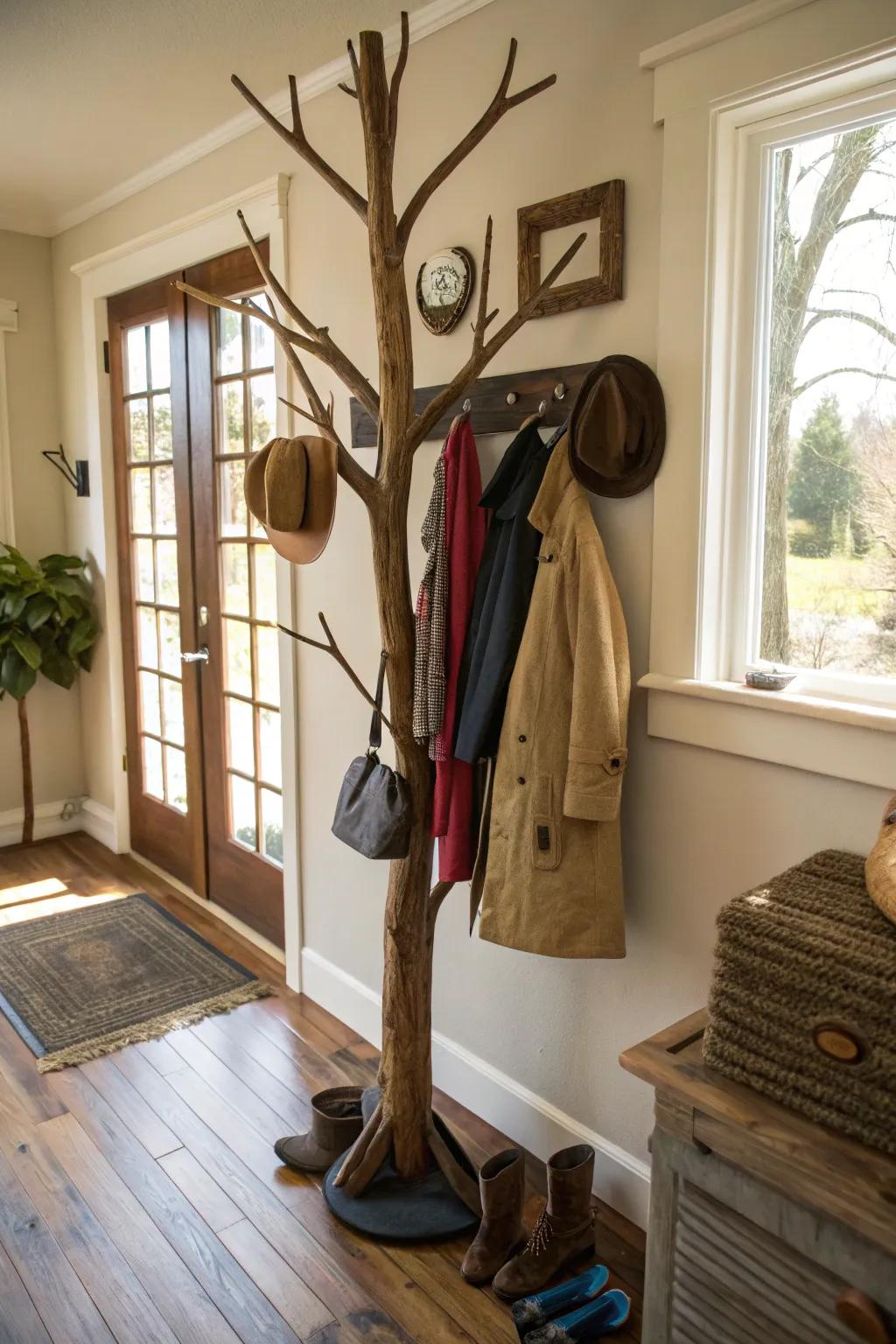 Nature-inspired and artistic, a tree limb rack adds character.