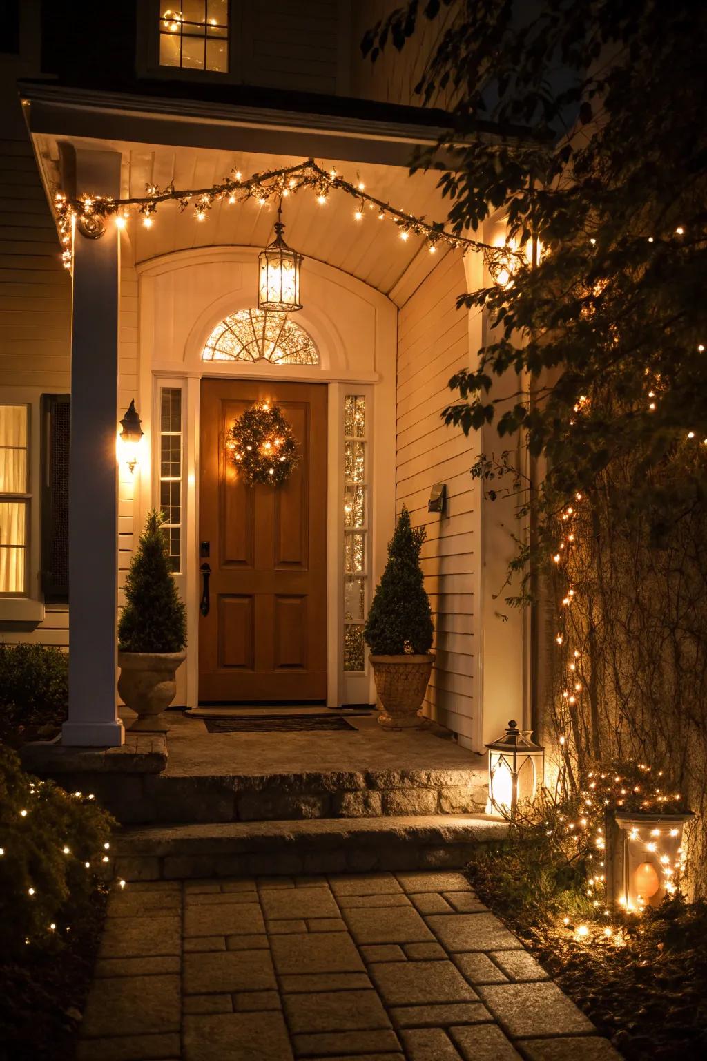 Warm-toned lights create a cozy atmosphere in this inviting entryway.