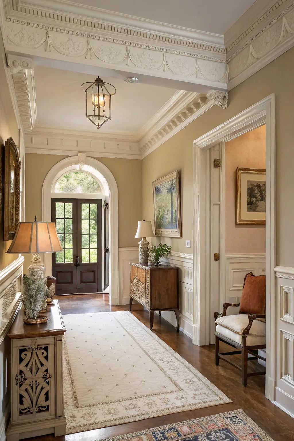 Tiered trimwork adds depth and character.