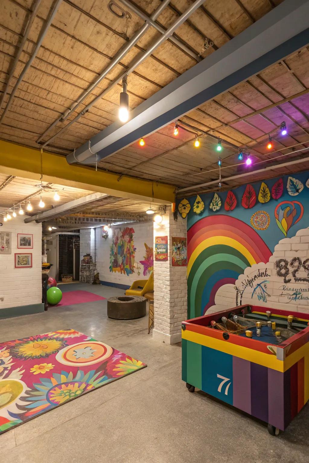 A playful, colorful overhead infuses energy into the space.